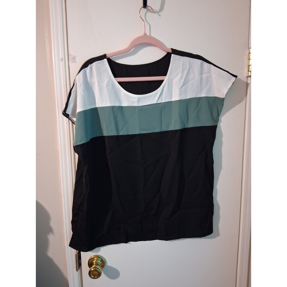 SHEIN CURVE 1XL Black/White/Green Colorblock Short Sleeve Round Neck Top